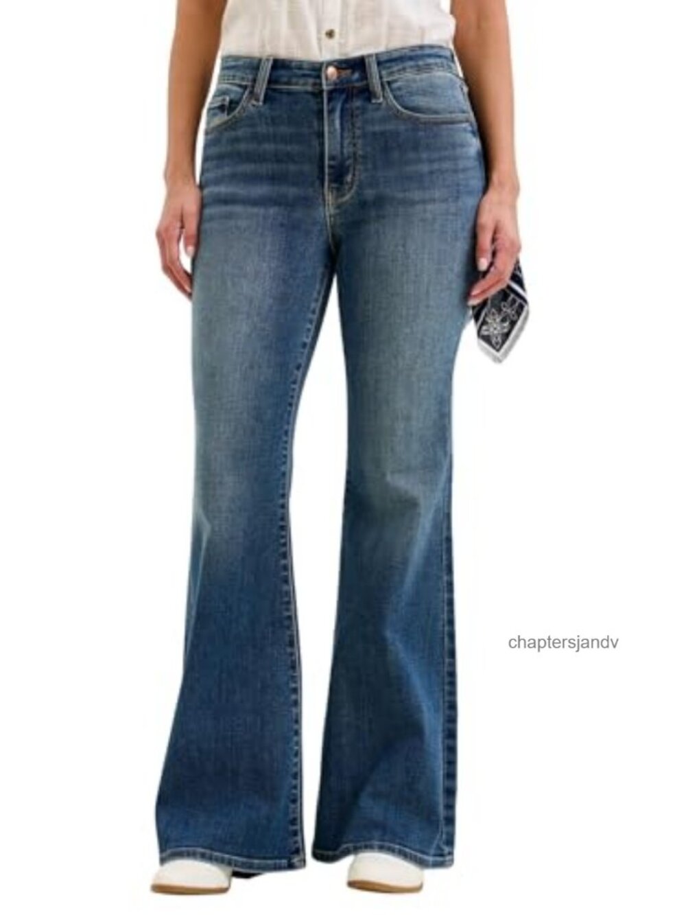 Mid Rise Flare Jeans Stretch Denim Bandana Loop 33 Inseam